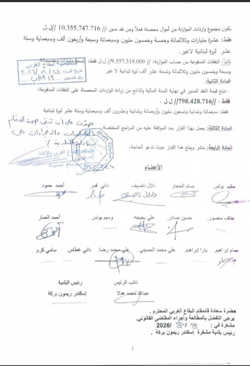 قطع حساب بلدية مشغرة لعام 2025